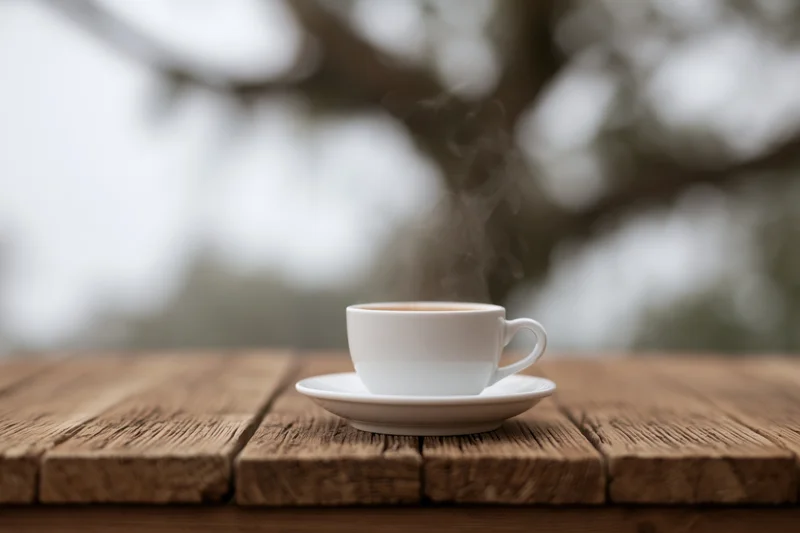 White ceramic coffee cup with steam on saucer resting on worn wooden table outdoors near tree