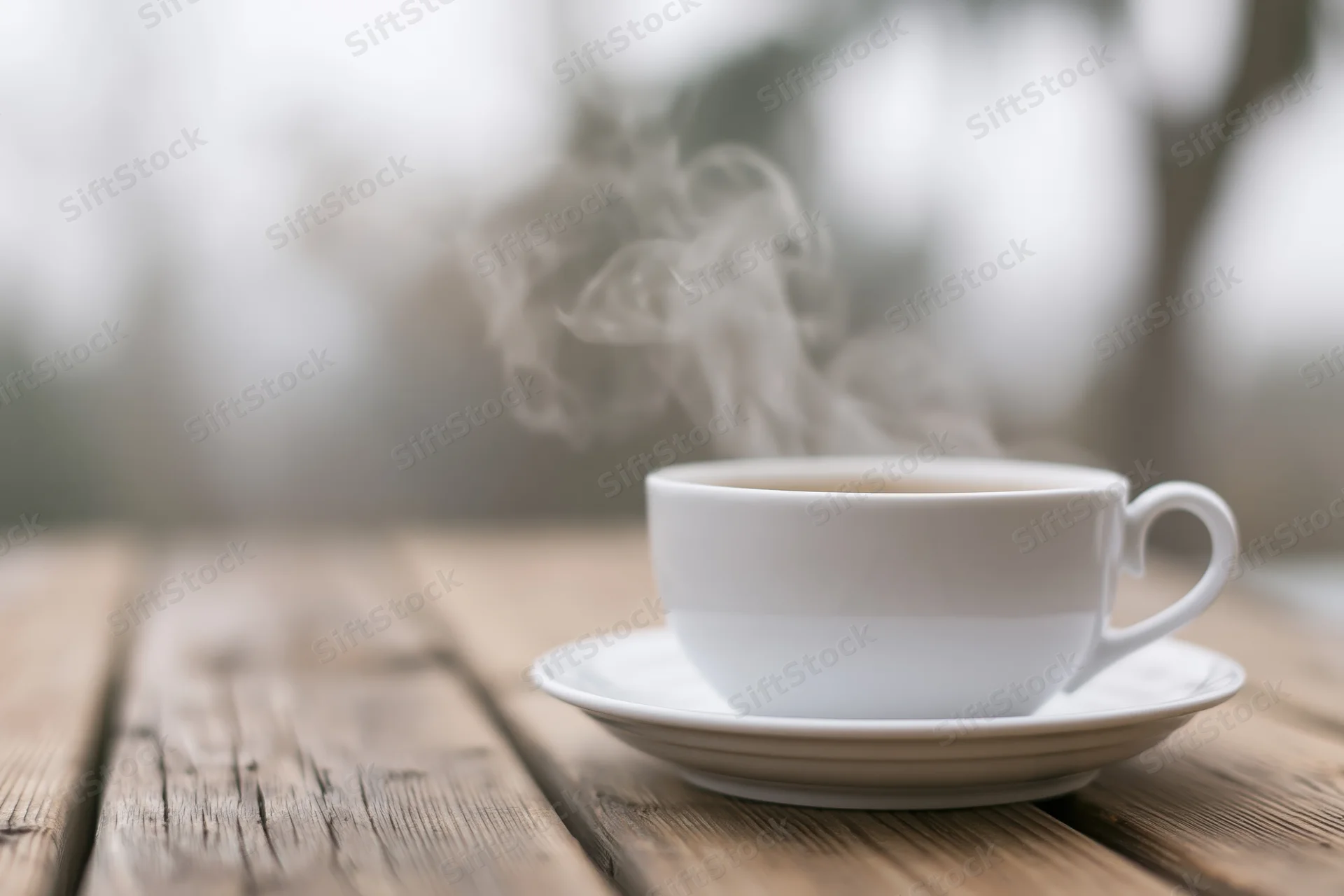 White ceramic coffee cup with rising steam on a worn wooden table