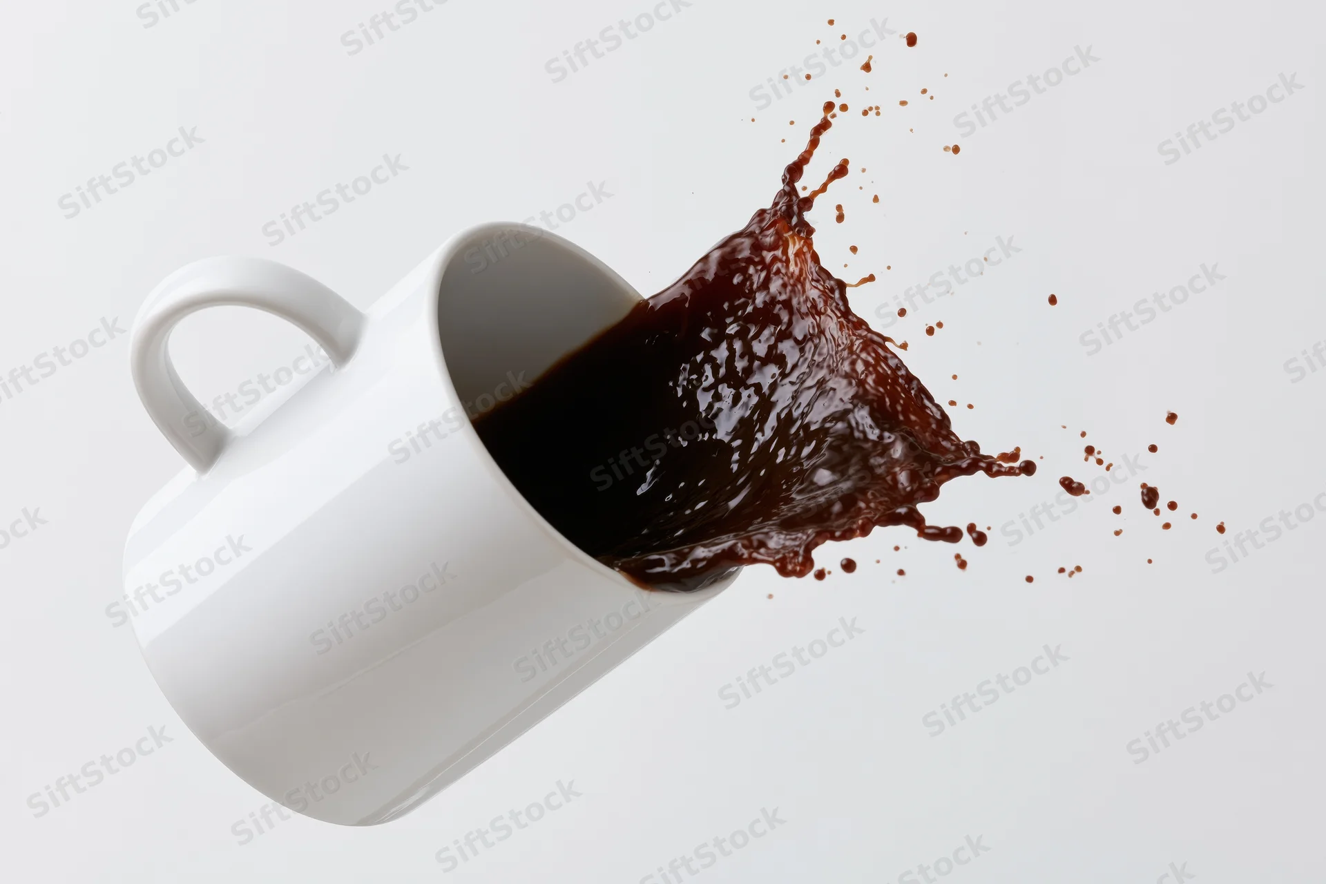 White ceramic coffee mug tilting mid-air with dark liquid splashing out against plain background
