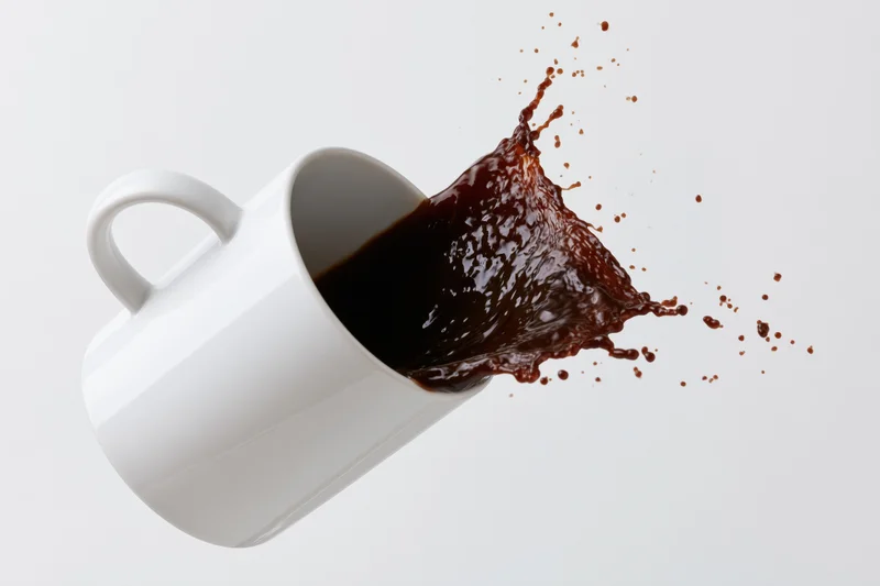 White ceramic coffee mug tilting mid-air with dark liquid splashing out against plain background