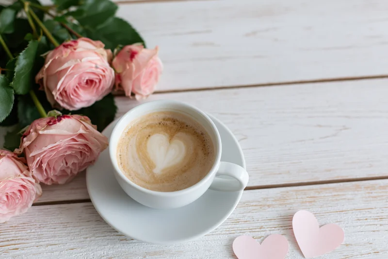 White ceramic cup of cappuccino with heart latte art on wooden table beside pink roses and paper hearts