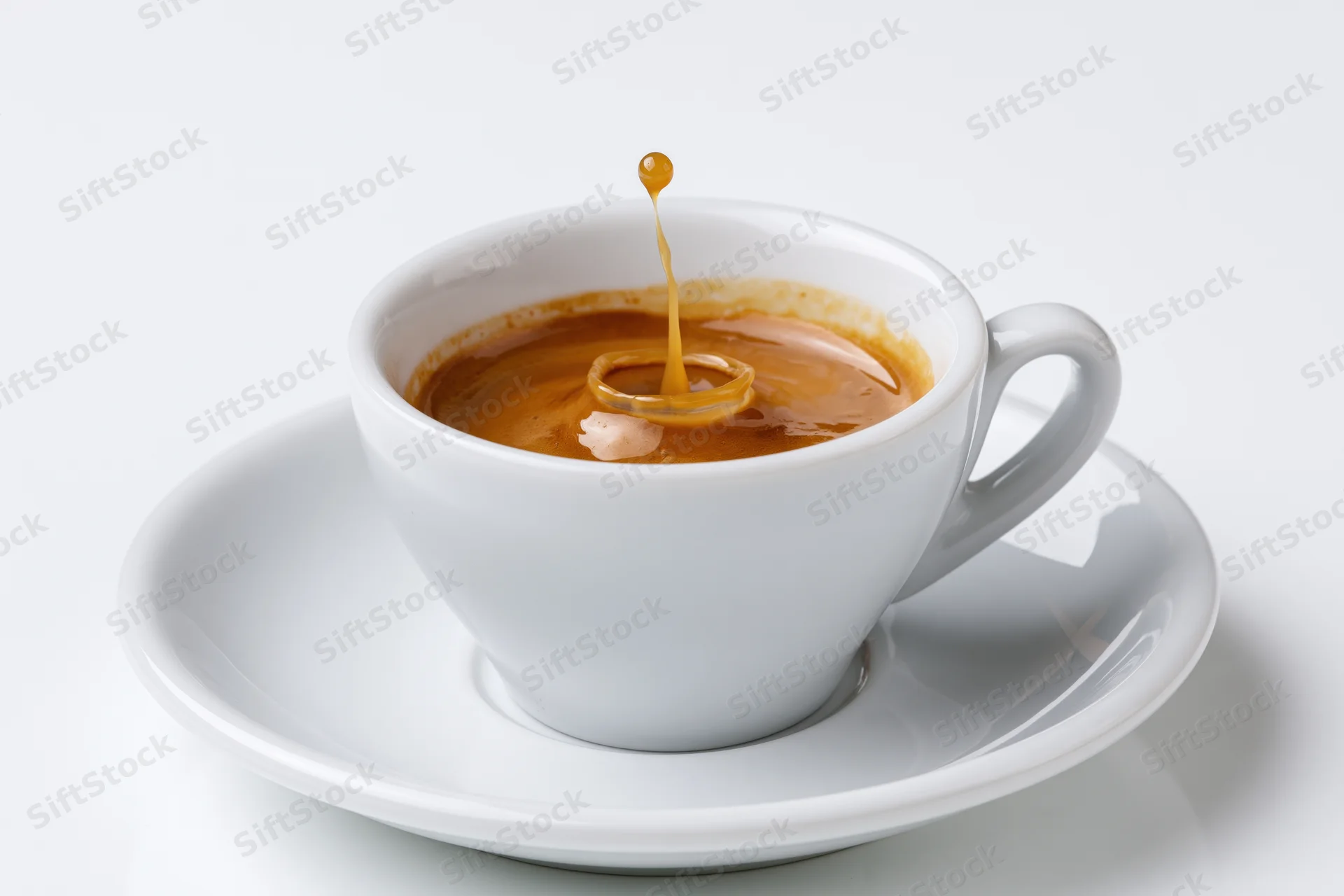 White ceramic espresso cup with a single drop falling into the coffee creating a splash ring on the saucer