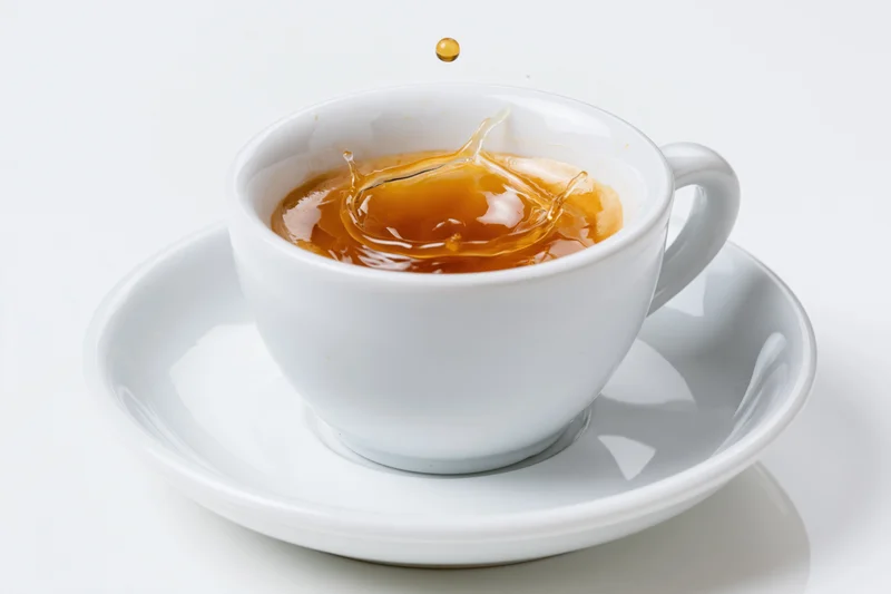 White ceramic espresso cup with a splash of coffee and a falling drop on a matching saucer against a plain white background