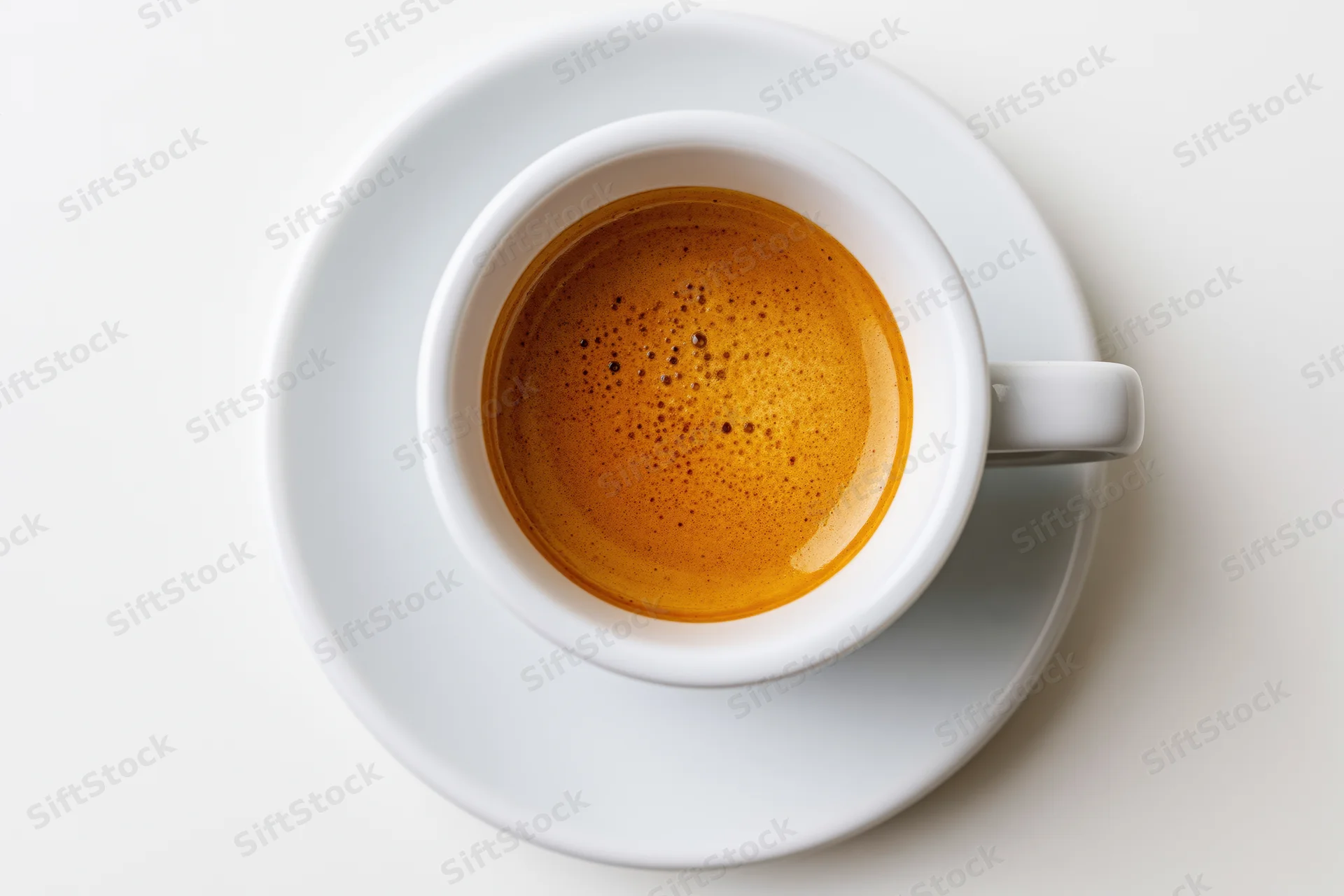 White ceramic espresso cup filled with coffee and crema on matching saucer, overhead view on plain white surface