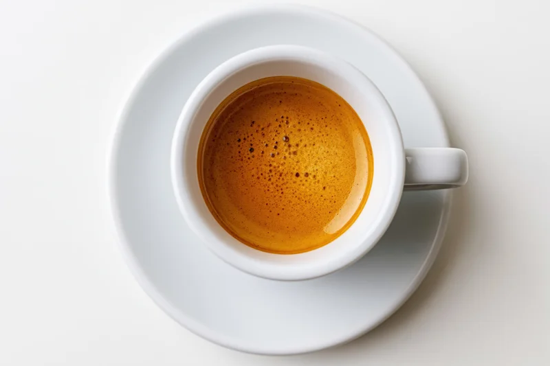 White ceramic espresso cup filled with coffee and crema on matching saucer, overhead view on plain white surface