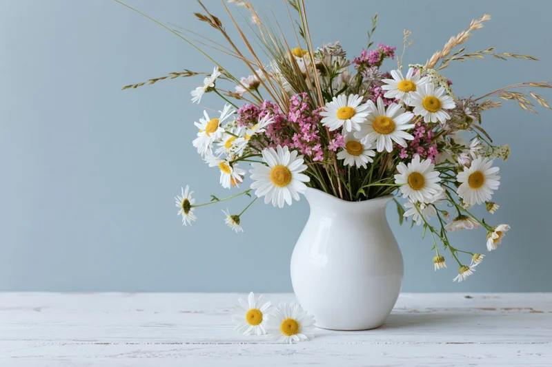 White ceramic vase holding wild daisies and pink flowers on a wooden table with blue background