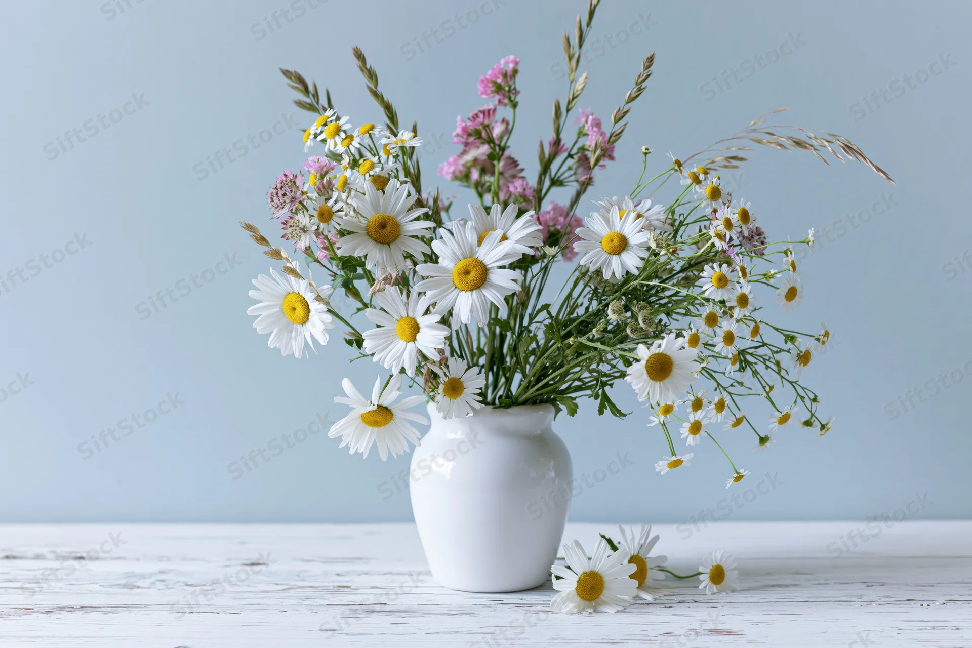 White ceramic vase holding wild daisies and pink flowers on a wooden table