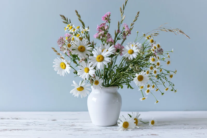 White ceramic vase holding wild daisies and pink flowers on a wooden table