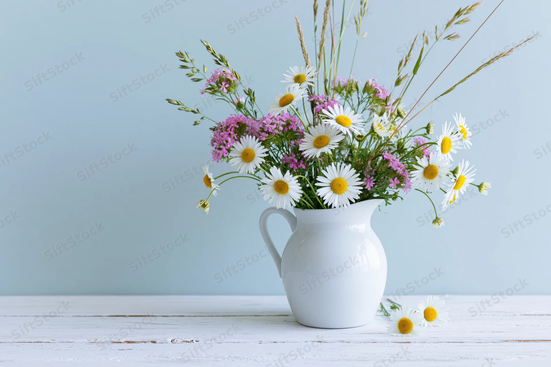 White ceramic pitcher holding wild daisies and pink wildflowers on a whitewashed wooden table