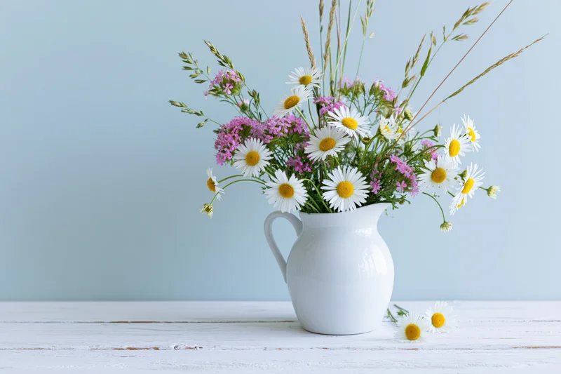 White ceramic pitcher holding wild daisies and pink wildflowers on a whitewashed wooden table