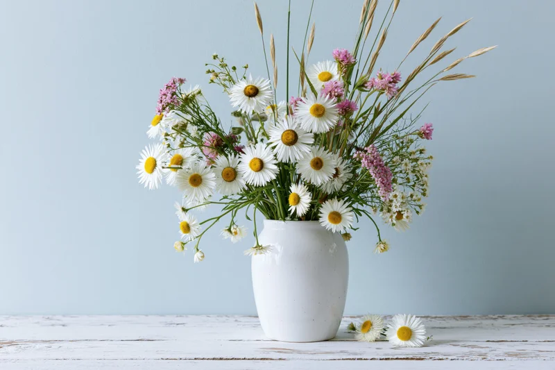 White ceramic vase holding wild daisies and pink wildflowers on a wooden table