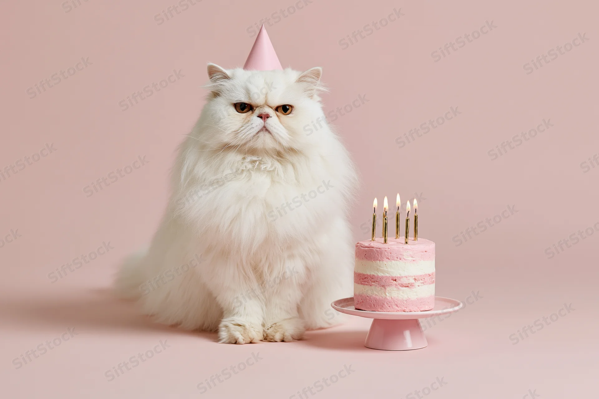 White fluffy persian cat sitting upright beside a small pink birthday cake with candles and a party hat on a pastel pink background