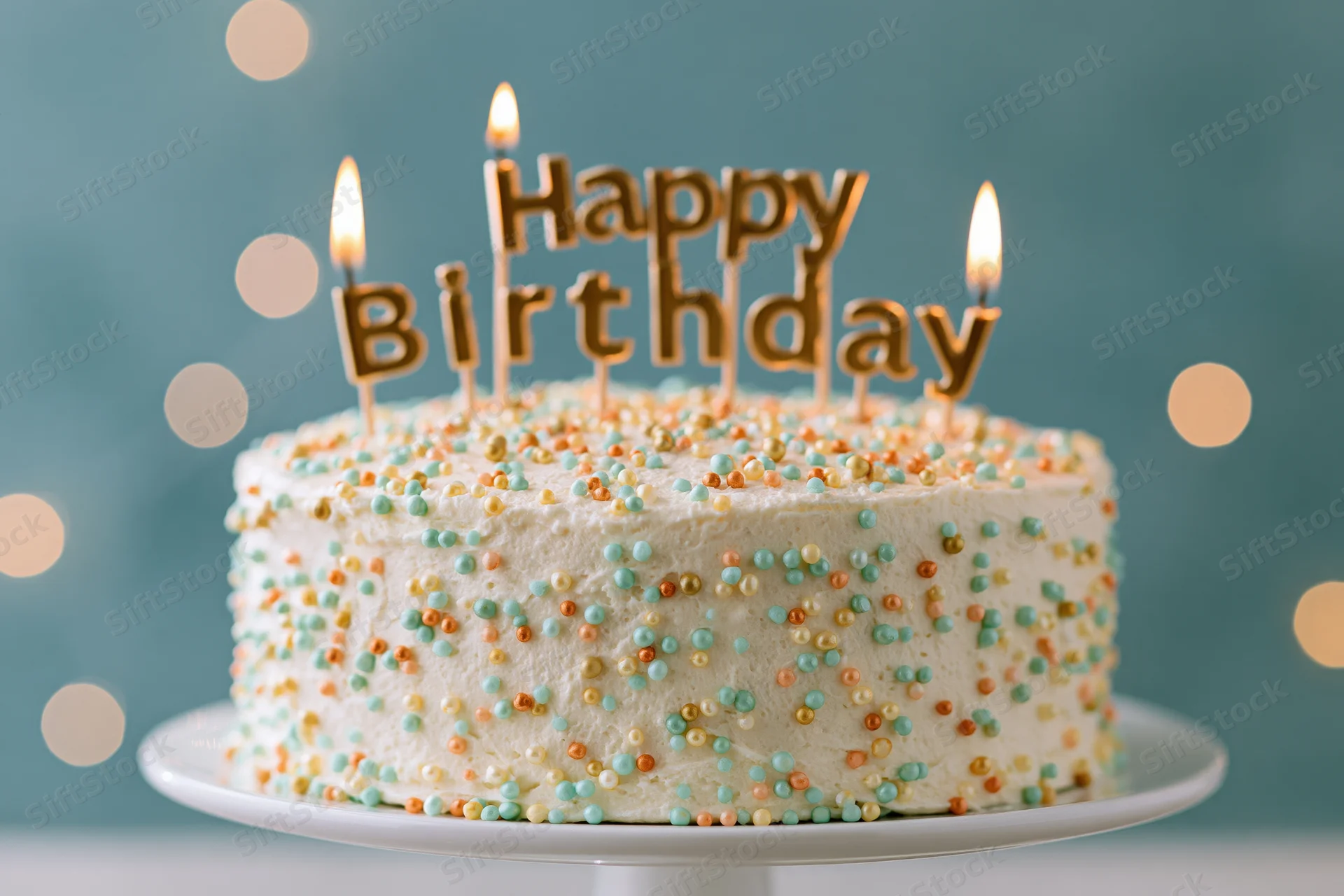 White frosted birthday cake decorated with multicolored pearl sprinkles and lit candles on a cake stand