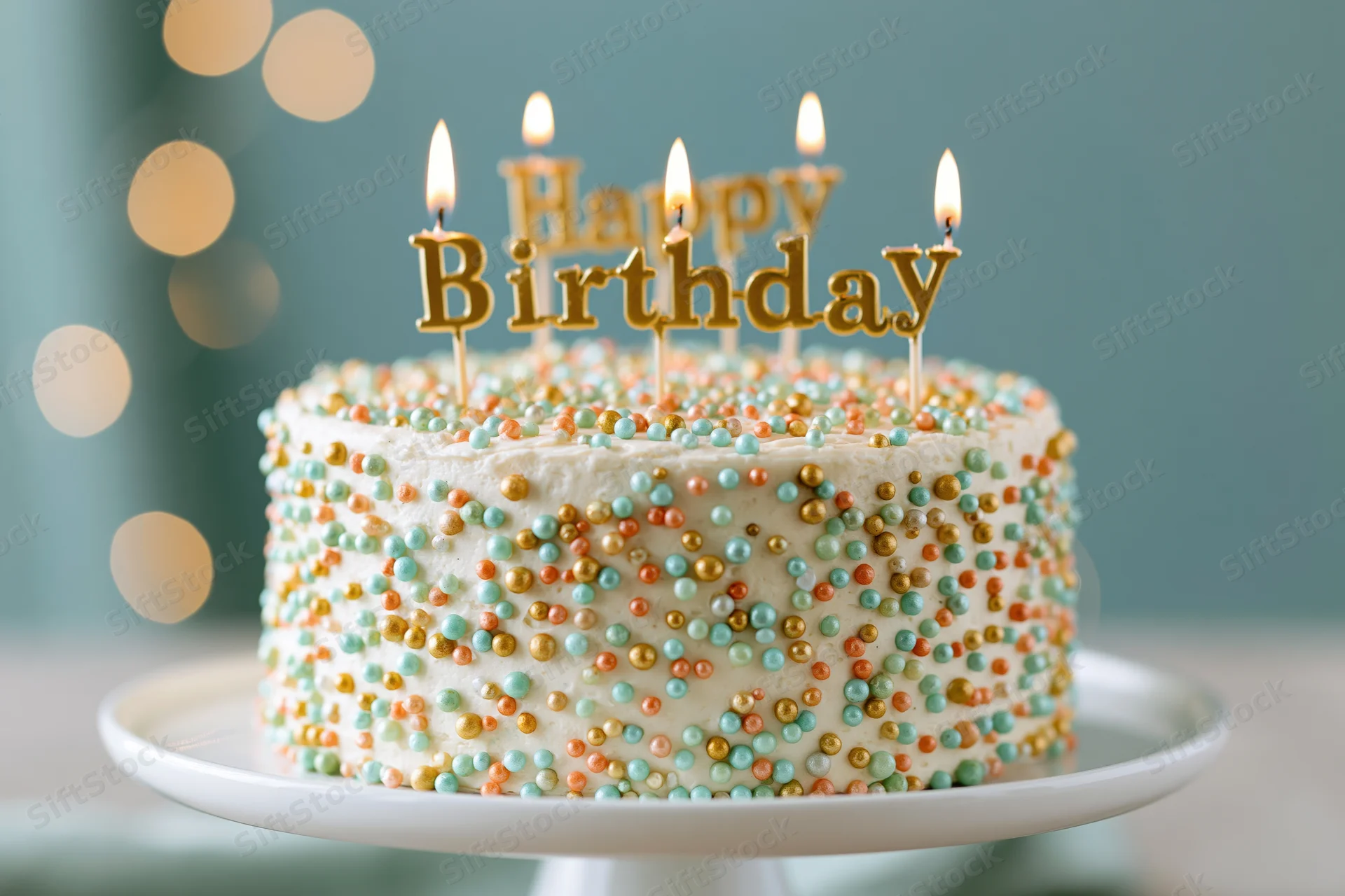 White frosted birthday cake decorated with multicolored pearl sprinkles and lit candles on a cake stand