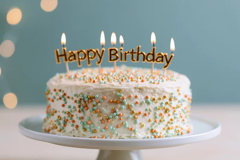 White frosted birthday cake with multicolored pearl sprinkles and lit candles on a cake stand