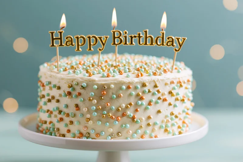 White frosted birthday cake decorated with multicolored pearl sprinkles and lit candles on a cake stand with bokeh background