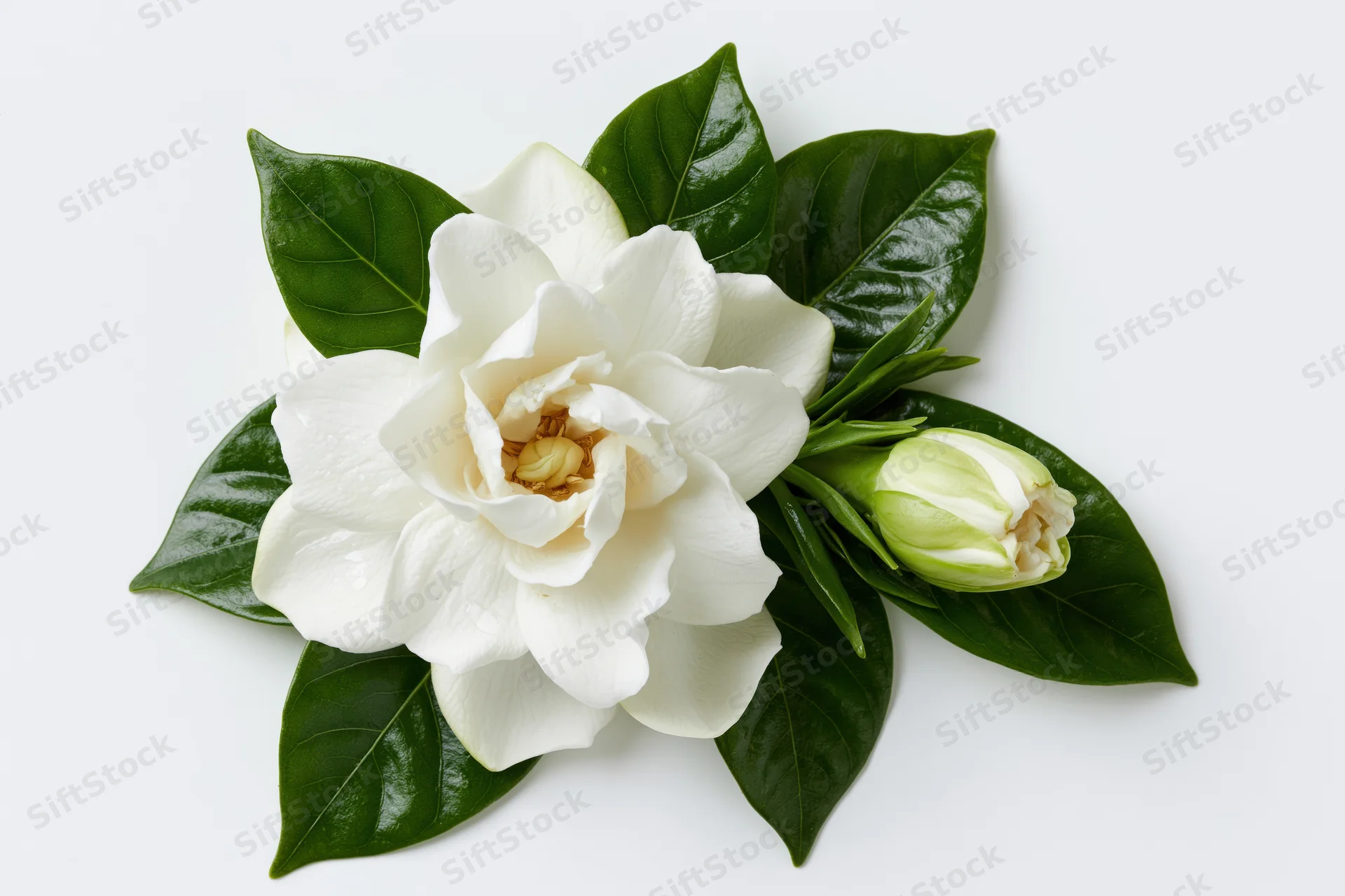 White gardenia flower in full bloom with a smaller bud and green leaves on white background
