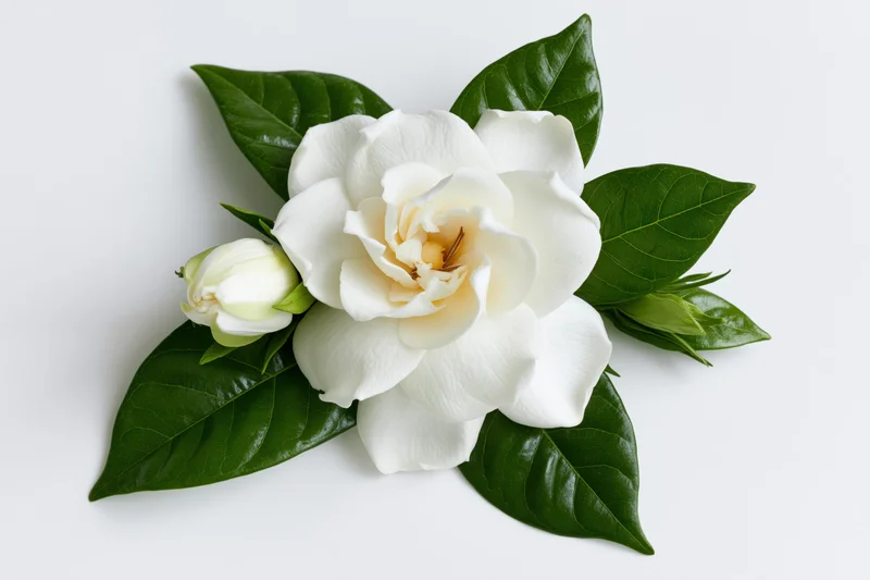 White gardenia flower in full bloom with a smaller bud and green leaves arranged on a plain white surface