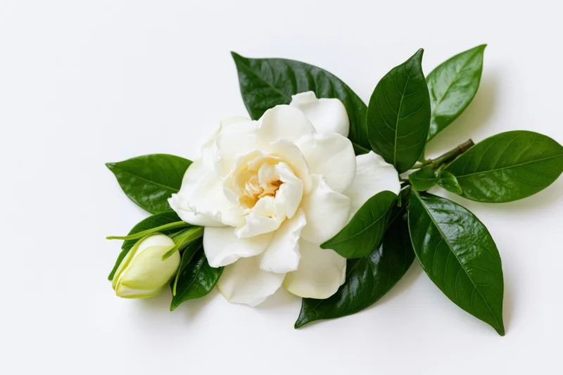 White gardenia flower in full bloom with a smaller bud and green leaves on white background