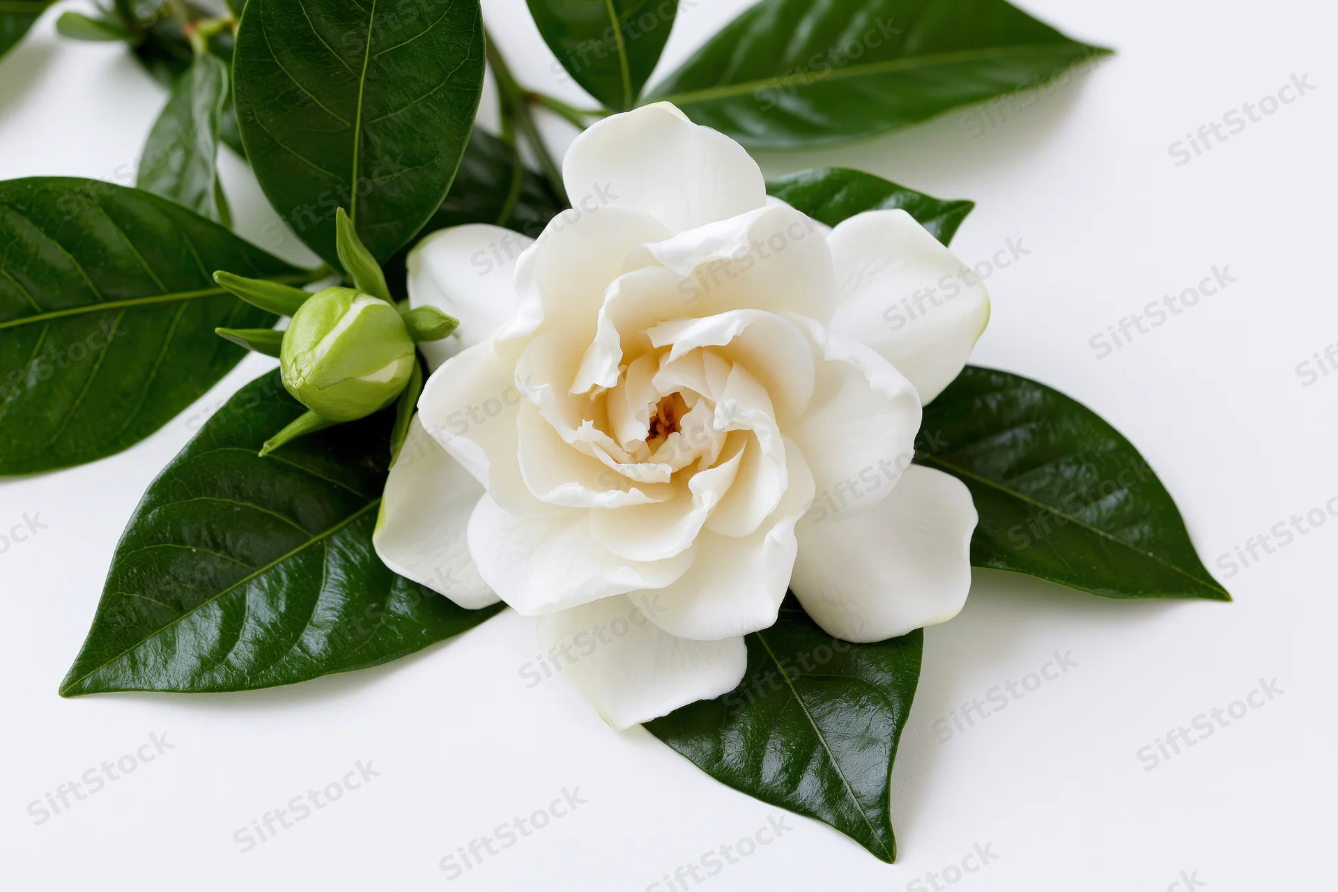 White gardenia flower in full bloom with a smaller bud and green leaves on a plain white background