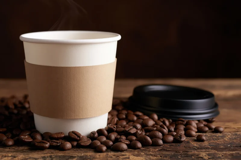 White paper takeaway coffee cup with cardboard sleeve and steam, surrounded by roasted coffee beans on a wooden table, black lid beside it