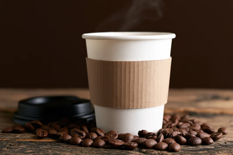 White paper takeaway coffee cup with cardboard sleeve and steam rising, surrounded by roasted coffee beans on a dark wooden table