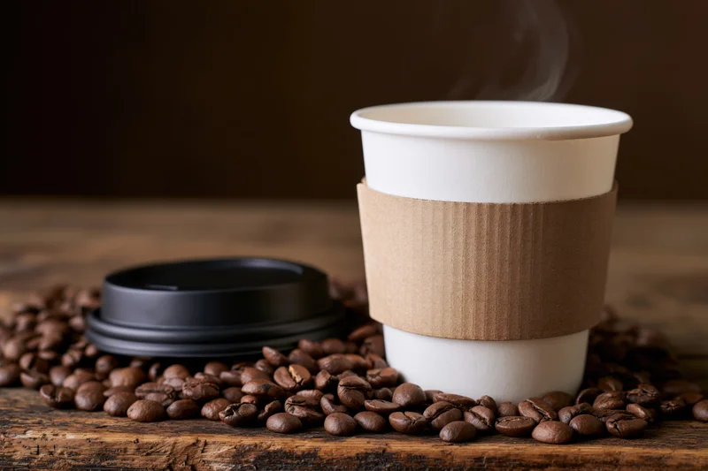 White paper takeaway coffee cup with cardboard sleeve and steam rising, surrounded by roasted coffee beans on a wooden surface
