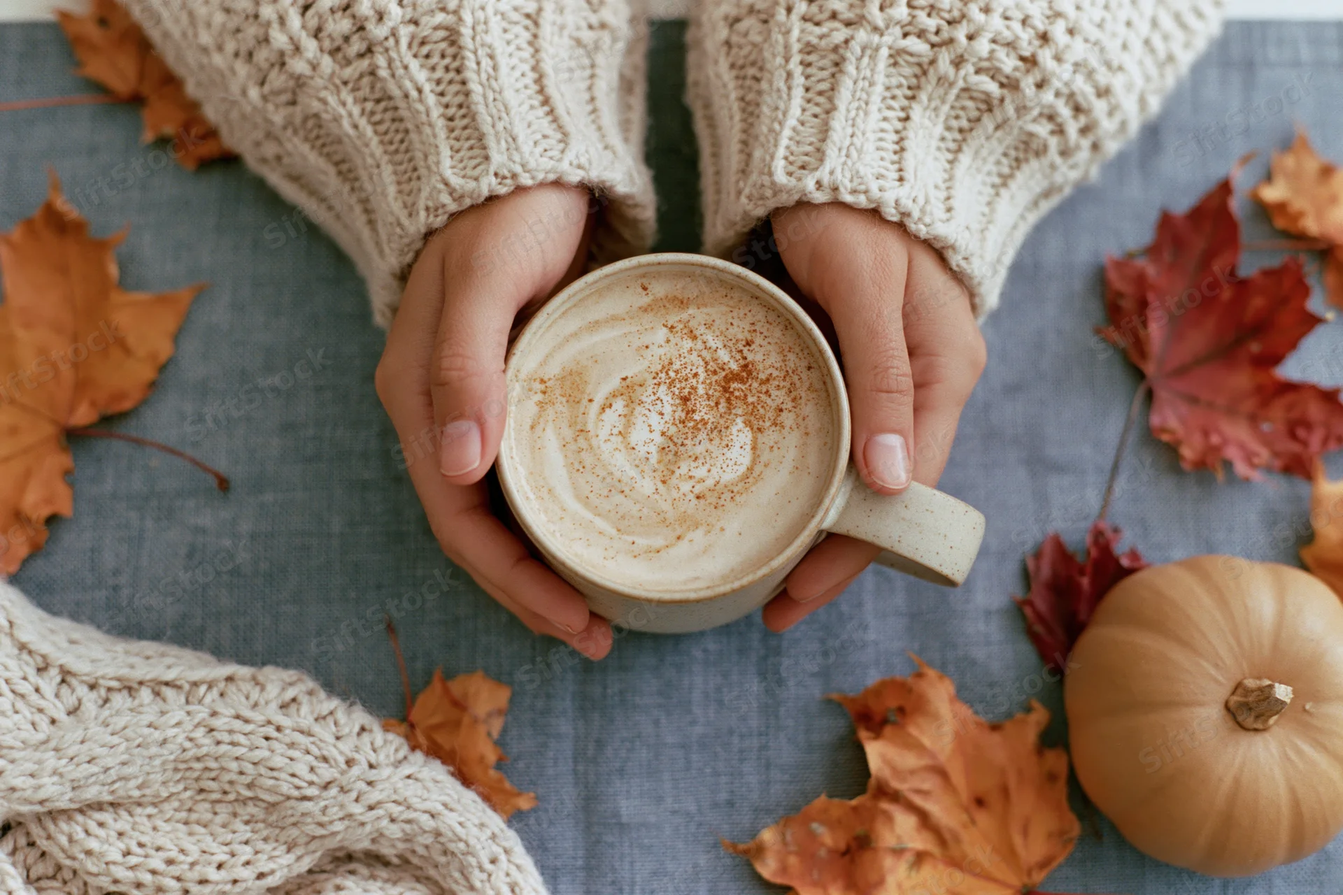 Woman’s hands in a cream knit sweater cradling a ceramic mug of latte with cinnamon on a blue fabric surface surrounded by autumn leaves and a small pumpkin