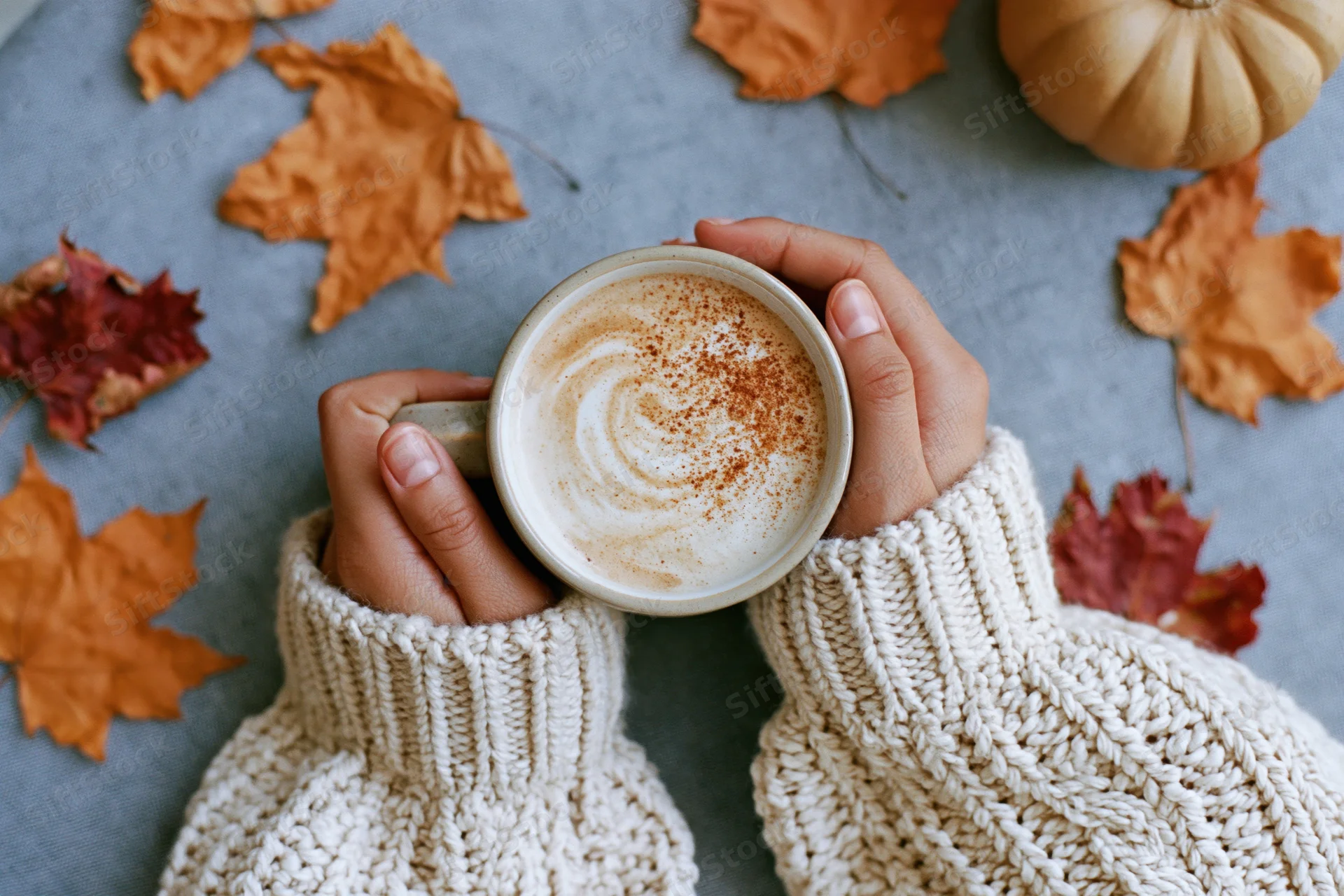 Woman’s hands in a chunky knit cream sweater cradling a ceramic mug of latte with cinnamon swirl on a surface with autumn leaves and a pumpkin