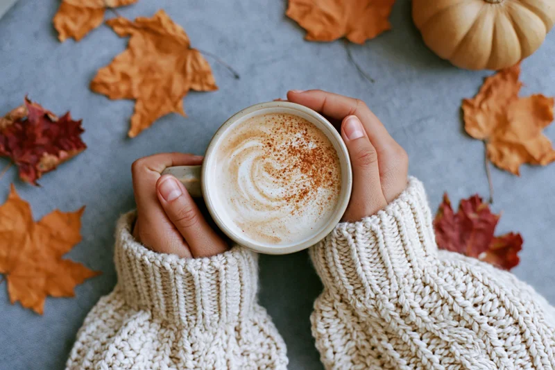 Woman’s hands in a chunky knit cream sweater cradling a ceramic mug of latte with cinnamon swirl on a surface with autumn leaves and a pumpkin