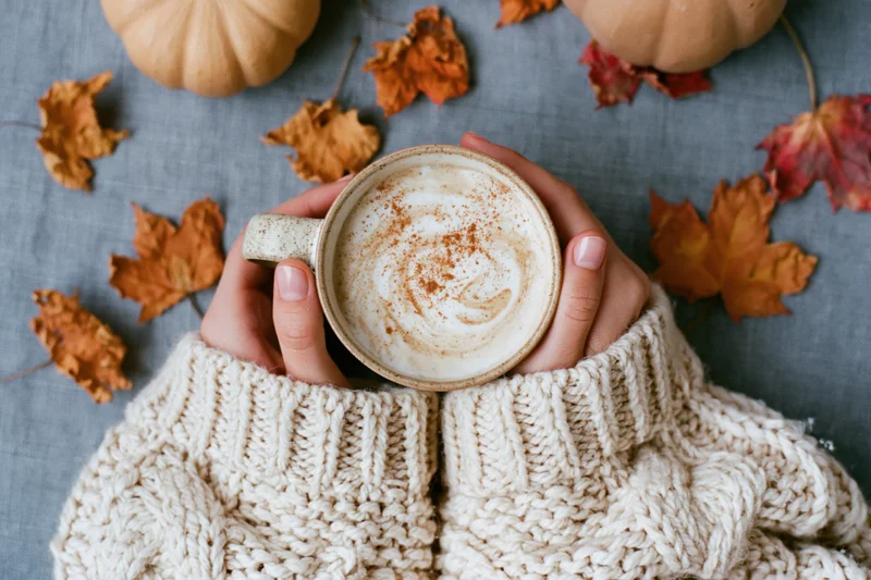 Woman’s hands in a chunky cream knit sweater cradling a ceramic mug of latte with cinnamon foam, surrounded by autumn leaves and pumpkins on a gray fabric surface