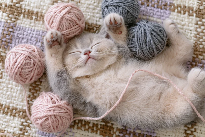 Young british shorthair kitten sleeping on back surrounded by pink and gray yarn balls on woven rug