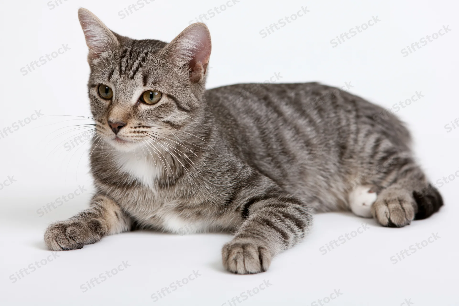 Young grey tabby cat lying down with paws extended forward on white background