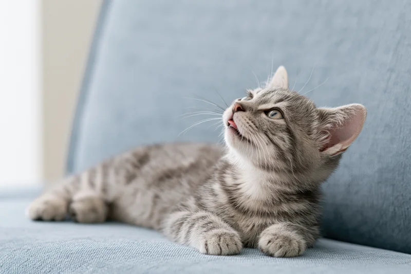 Young grey tabby kitten lying on light blue fabric sofa, head tilted up, mouth slightly open, looking upward