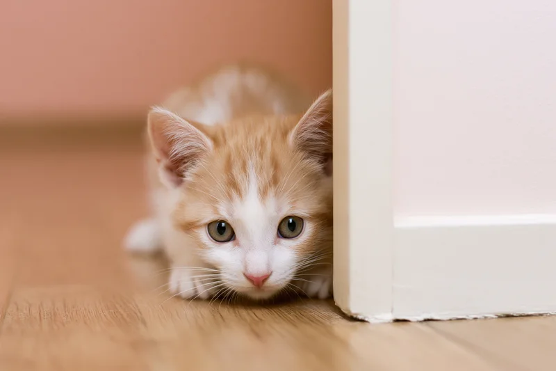 Young orange and white tabby kitten peeking from behind furniture baseboard on wooden floor
