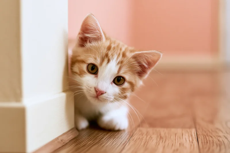 Young orange and white tabby kitten peeking from behind furniture corner on wooden floor