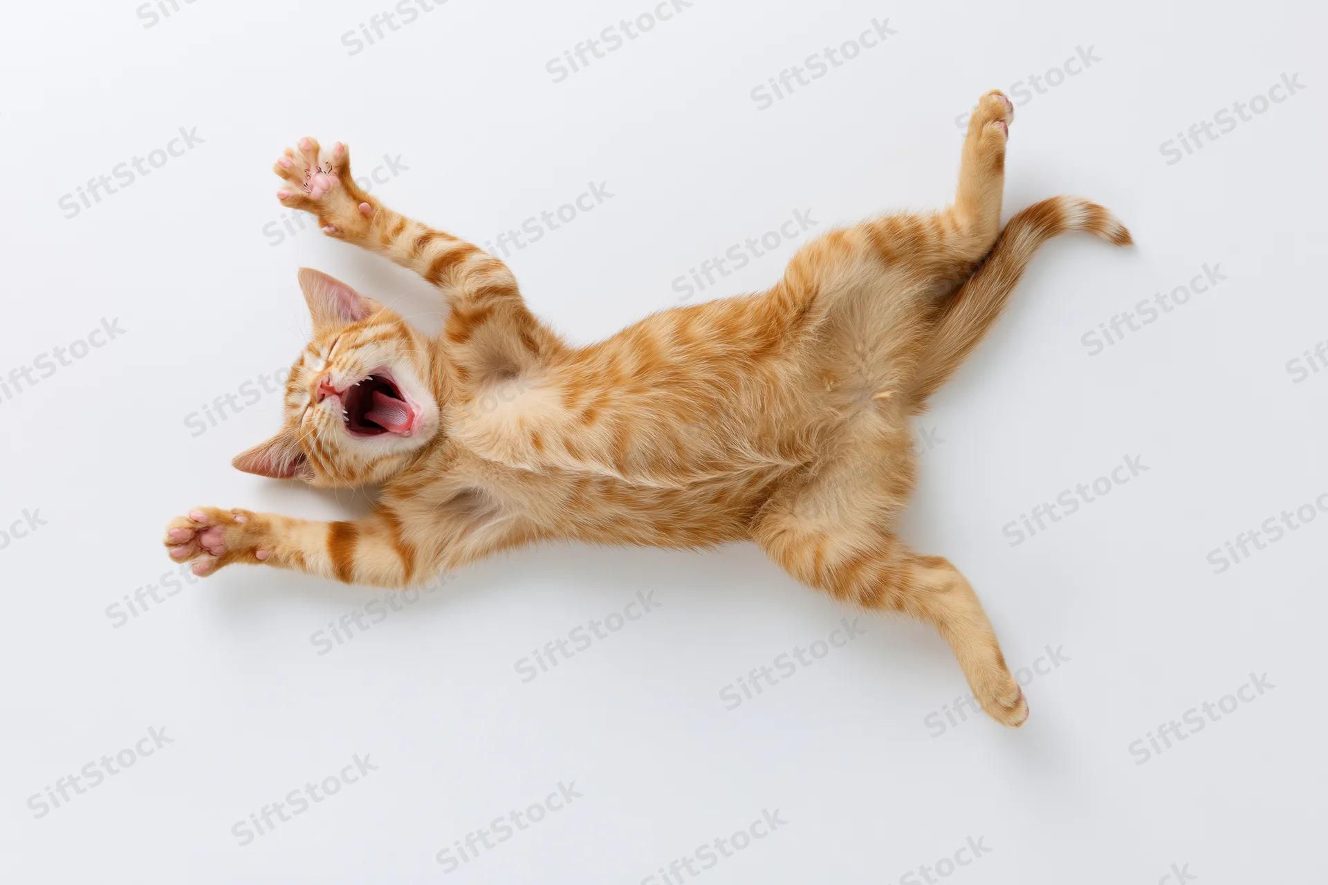 Young orange tabby cat lying on its back mid-stretch mouth open on white background