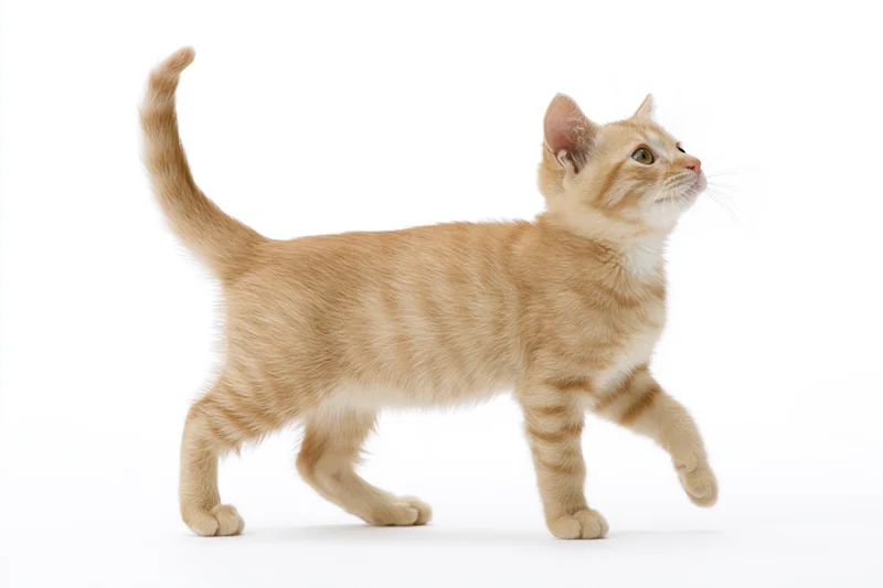 Young orange tabby kitten walking mid-stride with one front leg raised on white background