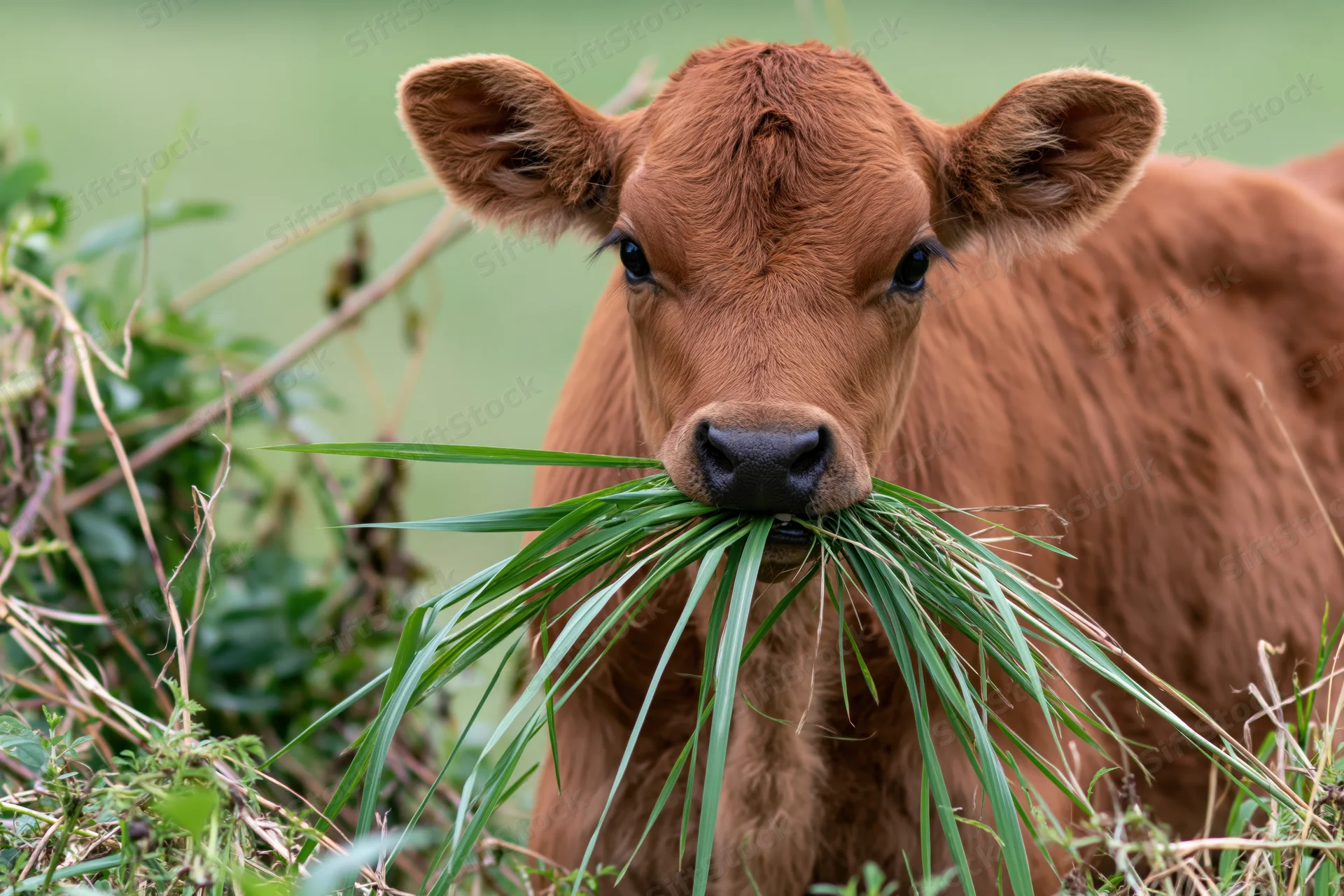 Young brown calf chewing long green grass in a pasture
