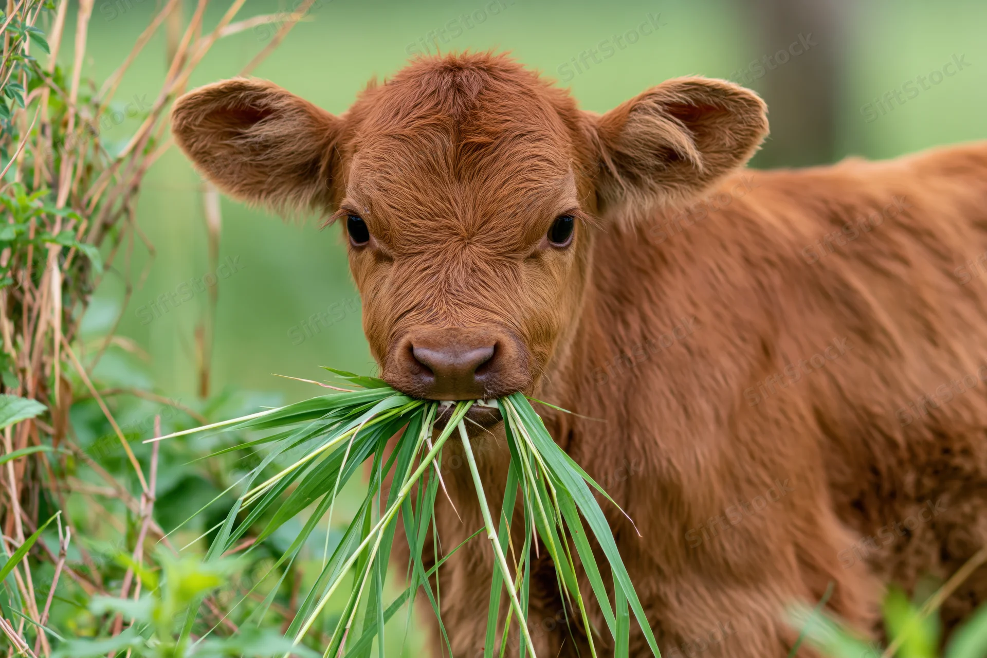 Young reddish-brown calf chewing a mouthful of long green grass in a pasture