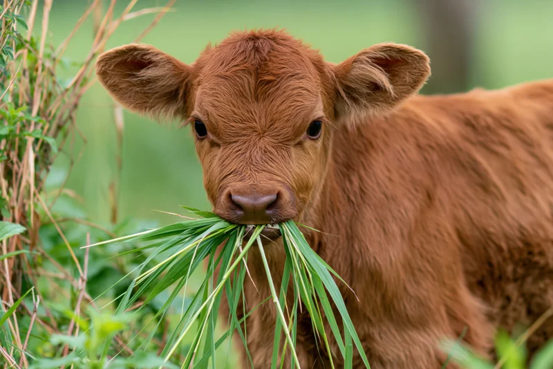 Young reddish-brown calf chewing a mouthful of long green grass in a pasture