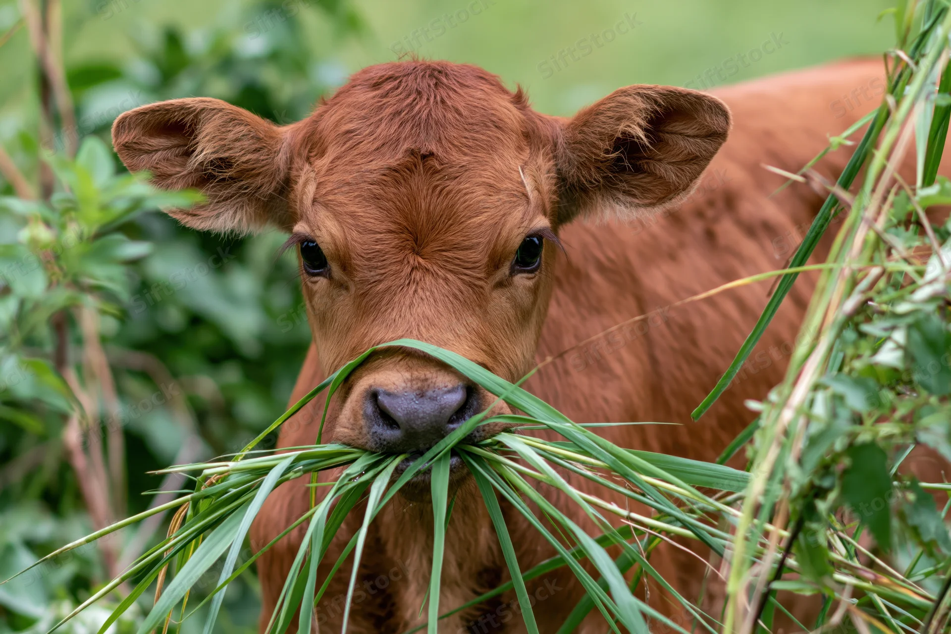 Young brown calf chewing long green grass in a pasture