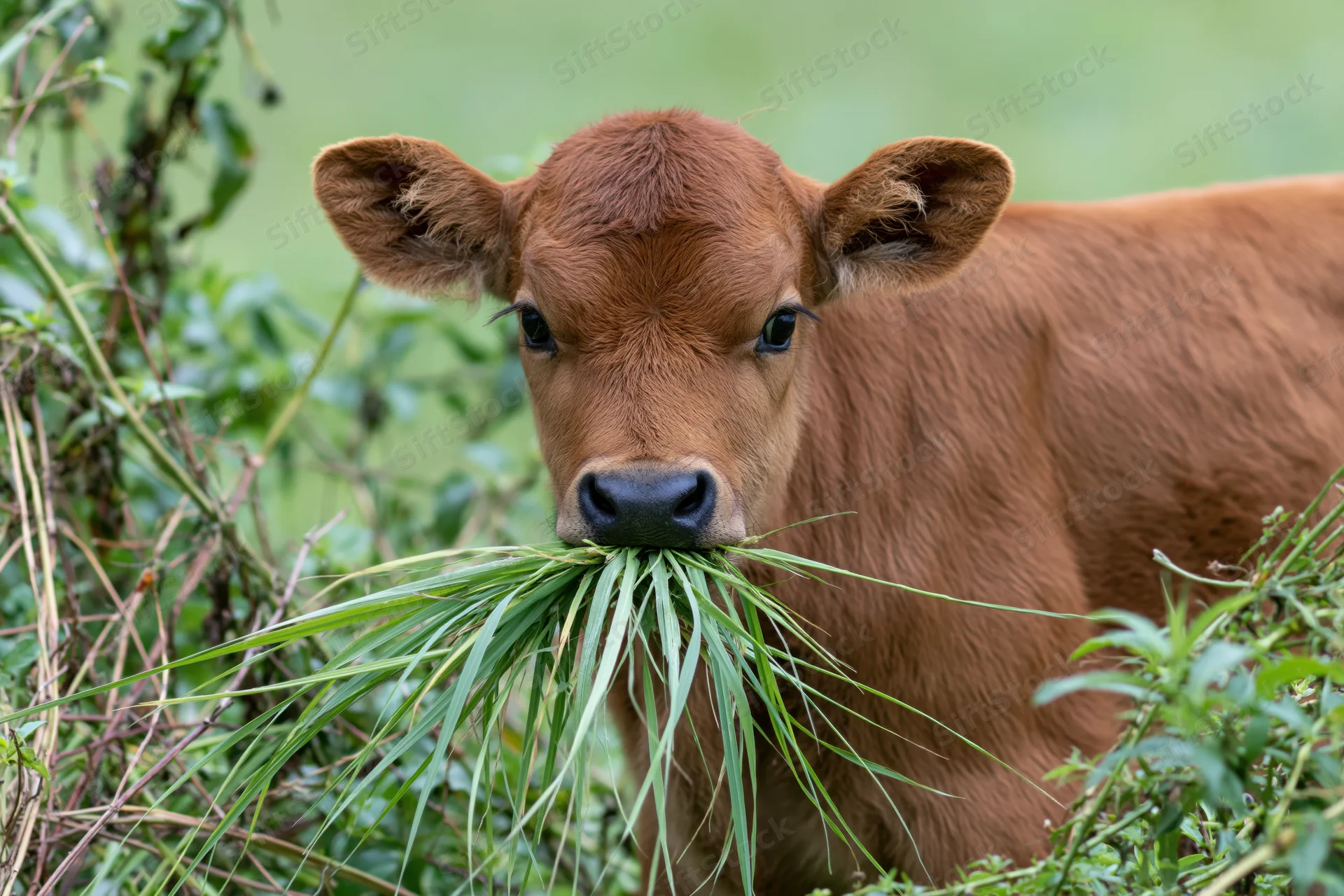 Young brown calf chewing long green grass in a pasture