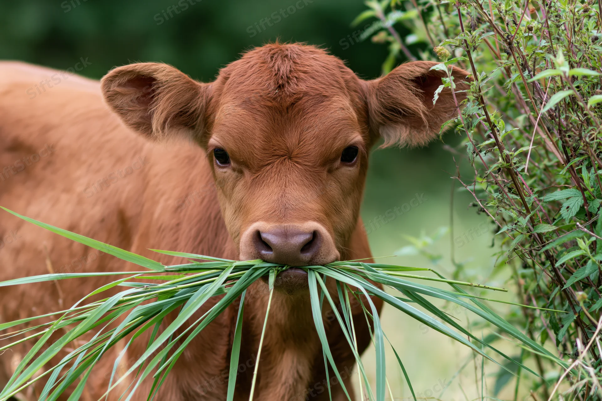 Young brown calf chewing long green grass in a pasture