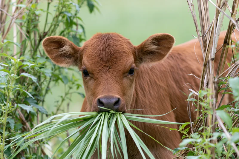 Young brown calf chewing a mouthful of long green grass in a pasture