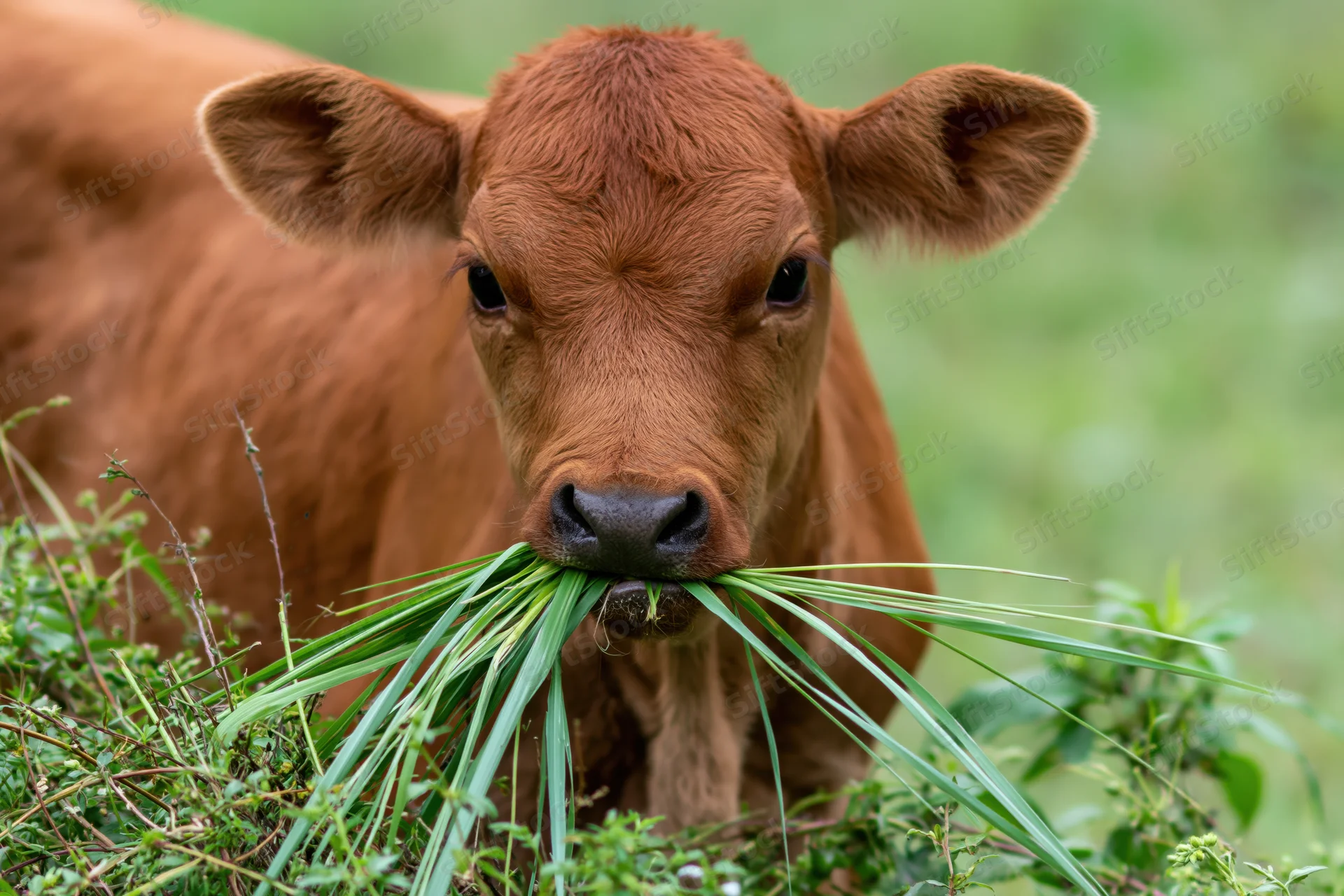 Young brown calf chewing a mouthful of long green grass in a pasture