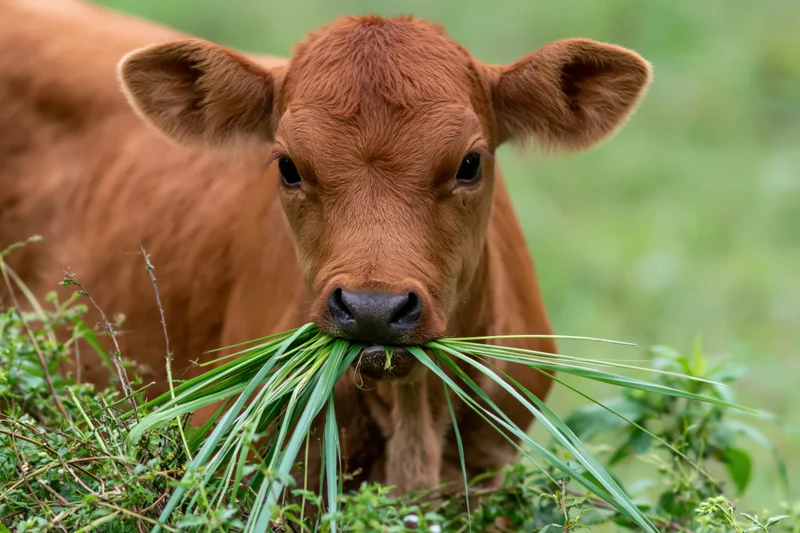 Young brown calf chewing a mouthful of long green grass in a pasture