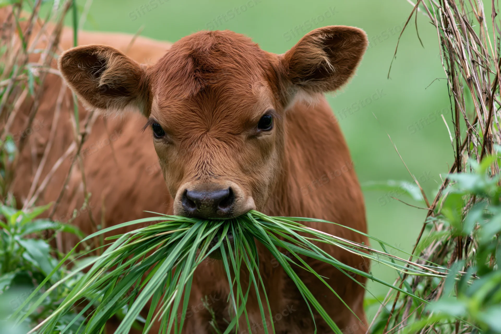 Young brown calf chewing a mouthful of long green grass in a pasture