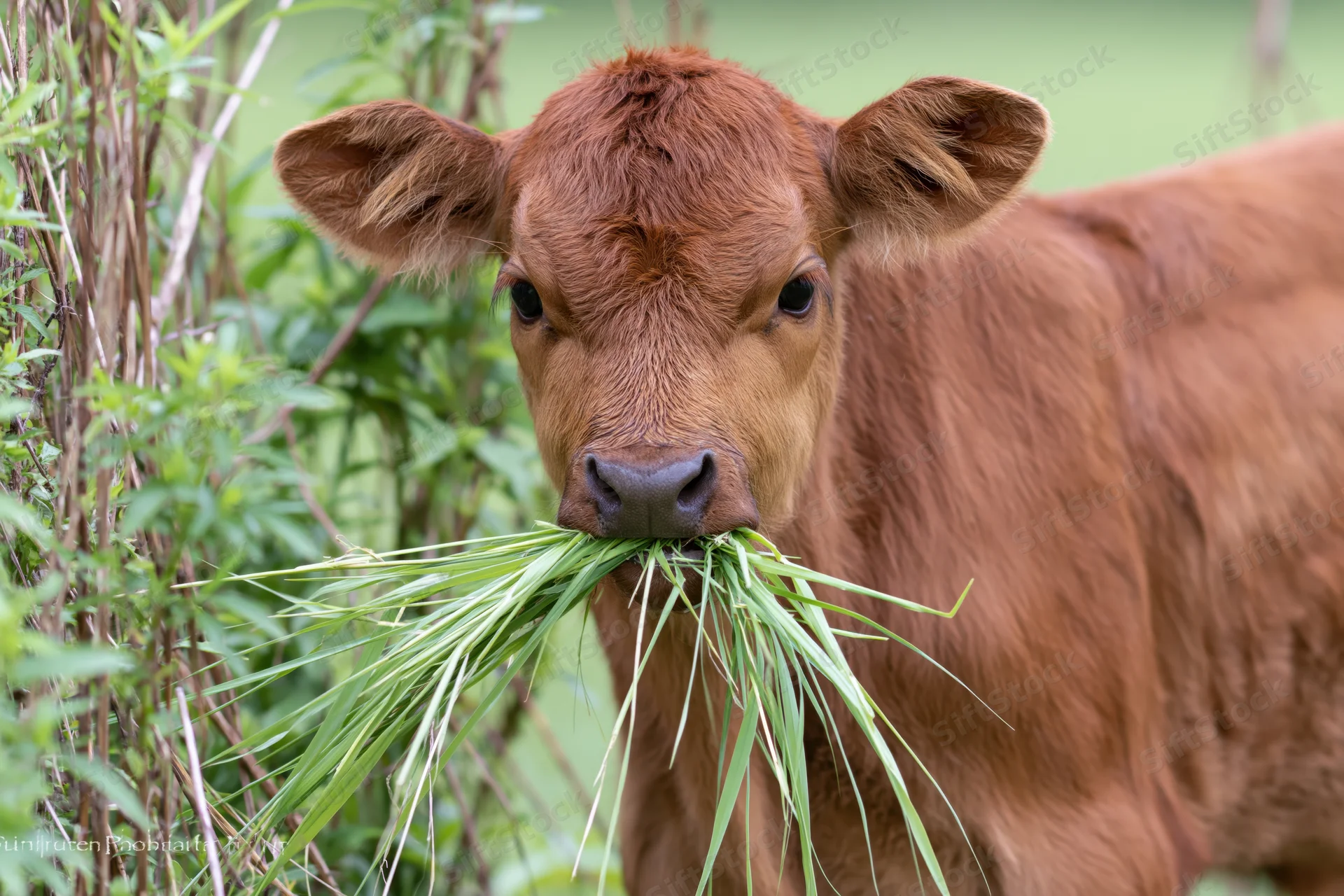 Young reddish-brown calf chewing a mouthful of long green grass in a pasture