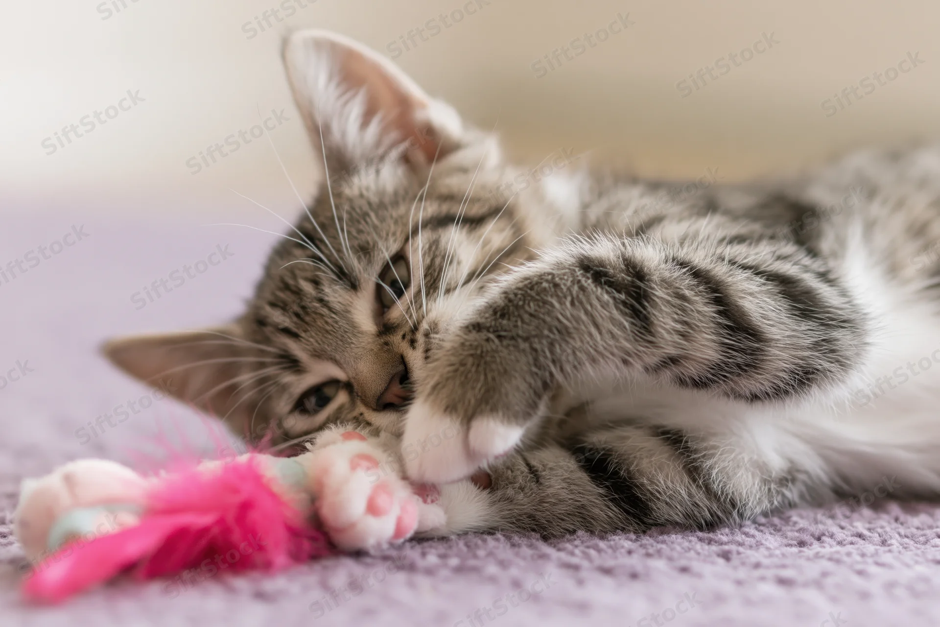 Young tabby kitten playing with a pink feather toy on a soft lavender carpet